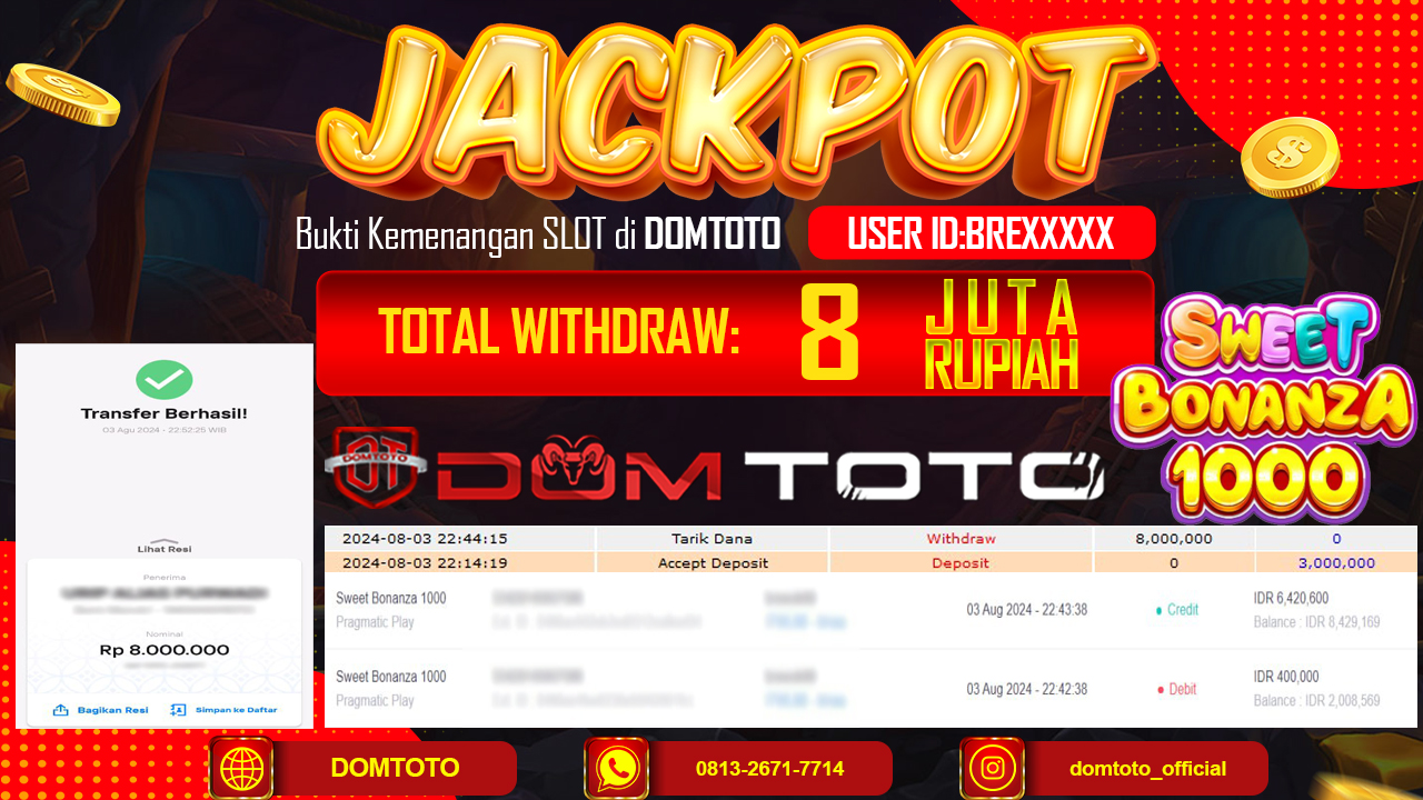JACKPOT SLOT SWEET BONANZA 1000 03 AGUSTUS 2024